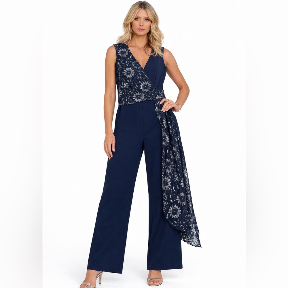 ✨ Alexa B Nights Navy and Silver Lace Overlay Jumpsuit | Size 4
